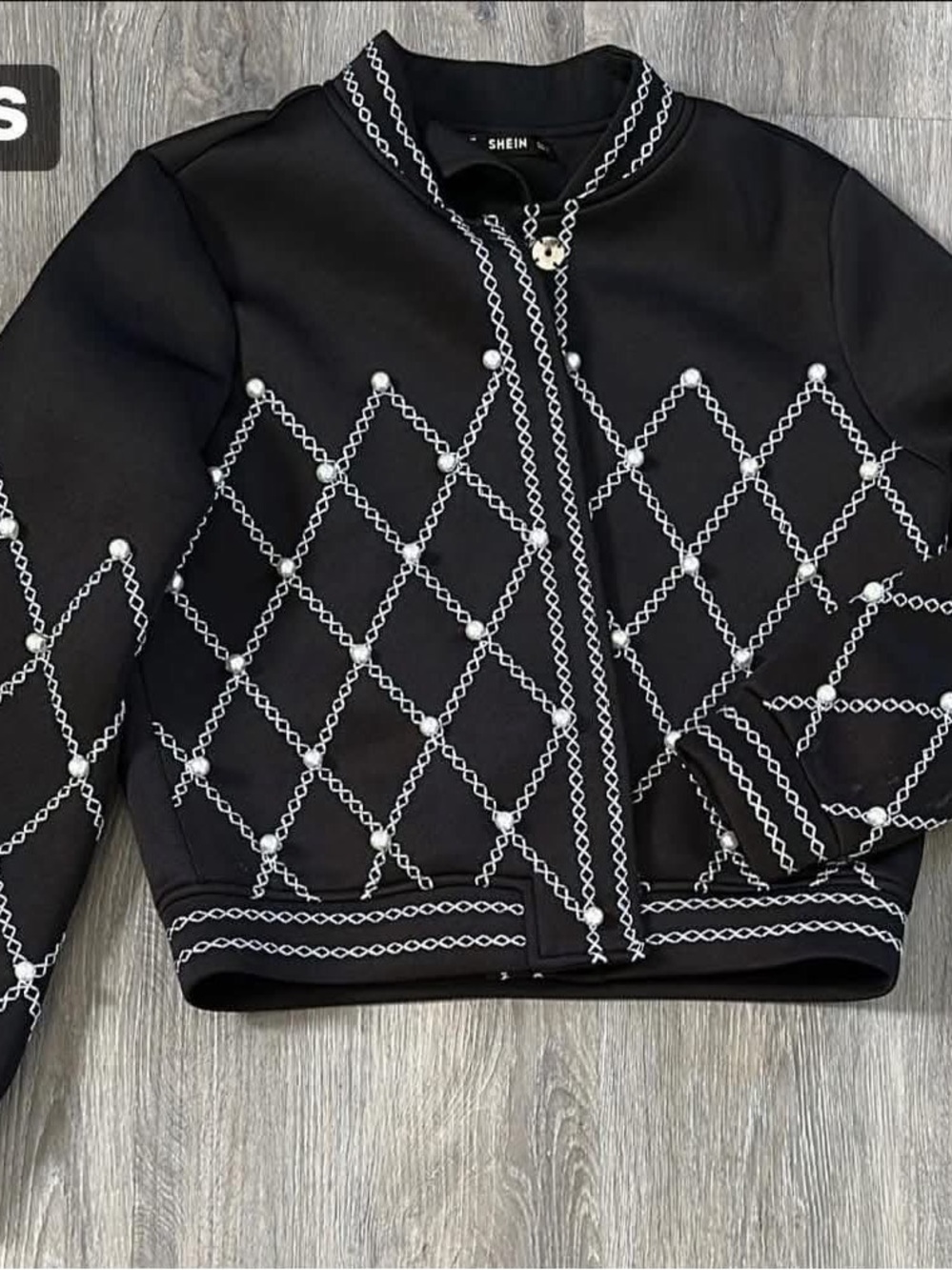 SHEIN Black Bomber Jacket with White Diamond Chain Embroidery